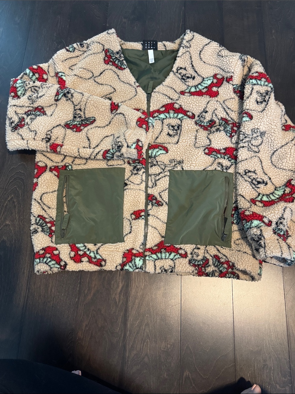 Lazy Oaf Cream Sherpa Jacket with Olive Green Lining